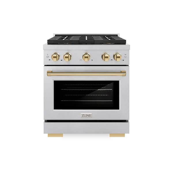 Autograph 30 in. 4.2 cu. ft. Dual Fuel Range with 4 Burner Cooktop and Electric Oven in Satin Stainless Steel and Gold