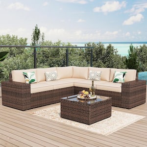 6-Piece Rattan Wicker Steel Patio Outdoor Sectional Set and Coffee Table with Beige Cushions and Set Covers