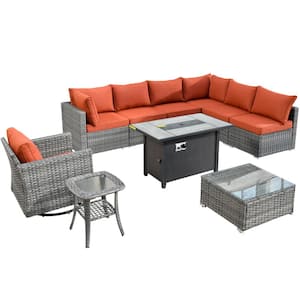 Messi Gray 10-Piece Wicker Outdoor Patio Conversation Sectional Sofa Set with a Metal Fire Pit and Orange Red Cushions