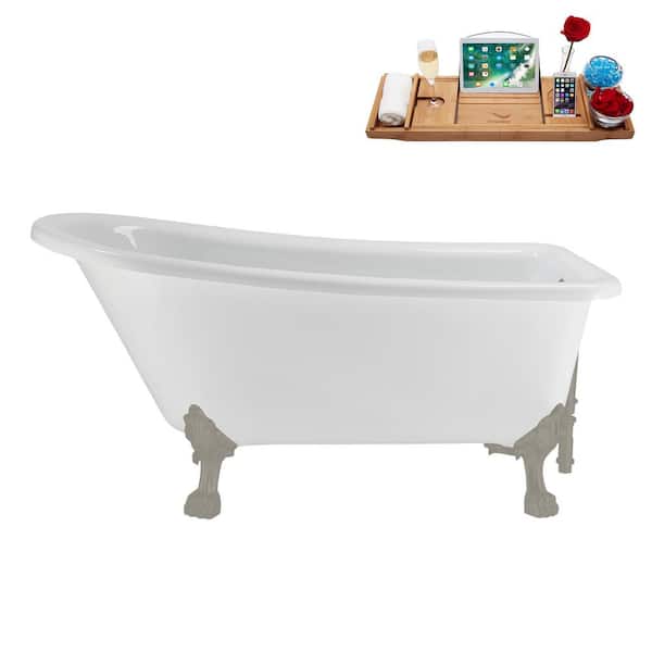 58 in. x 28 in. Acrylic Clawfoot Soaking Bathtub in Glossy White with Brushed GunMetal Drain, Brushed GunMetal Clawfeet