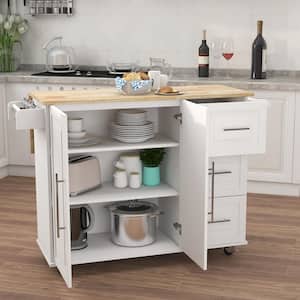 White Wood 43.7 in. Kitchen Island on Wheels with Spice Rack and Towel Rack