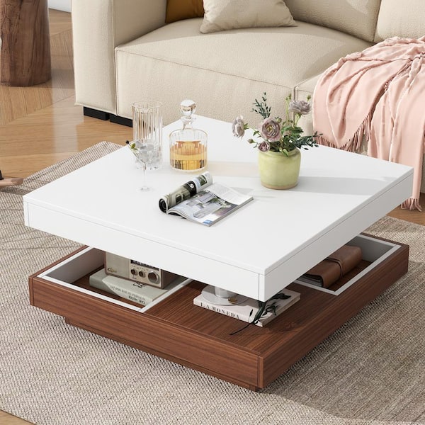 Clihome Modern 27.5 in. White Square MDF 360° Rotating Coffee Table with 3-Detachable Tray, 2-Tier Farmhouse Center Table