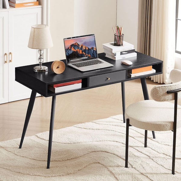 47.24 in. W Modern Writing Study Desk with USB Ports and Power Outlet Multifunctional Home Office Desk in Black