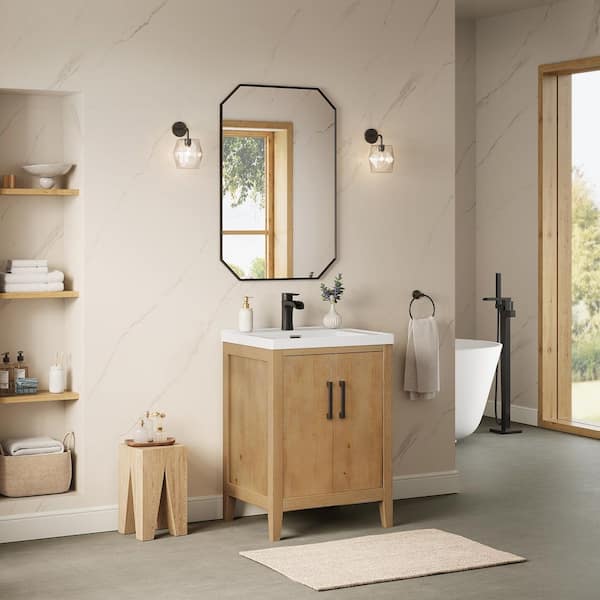 Solara 24 in. Single Freestanding Weathered Fir Bath Vanity with White Ceramic Top Assembled, Mirror