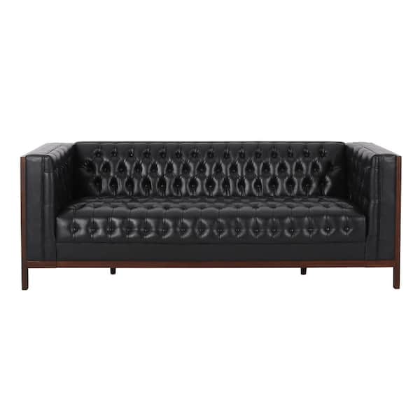 Tamarisk 79 in. W 3-Seat Square Arm Faux Leather Straight Midnight Black and Espresso Sofa