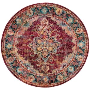 Crystal Ruby/Navy 7 ft. x 7 ft. Floral Border Round Area Rug