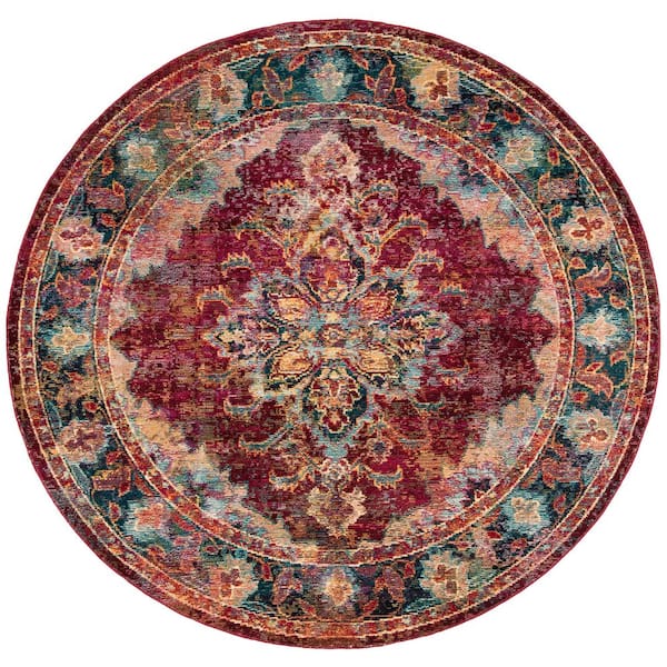 SAFAVIEH Crystal Ruby/Navy 7 ft. x 7 ft. Floral Border Round Area Rug