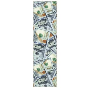 100 Dollar Bill Collection Non-Slip Rubberback 3x10 Indoor Money Runner Rug, 2 ft. 7 in. x 9 ft. 10 in., Multicolor