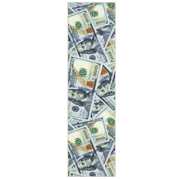 Ottomanson 100 Dollar Bill Collection Non-Slip Rubberback Money 3x10 Money Rug, 2 ft. 7 in. x 9 ft. 10 in., Multicolor
