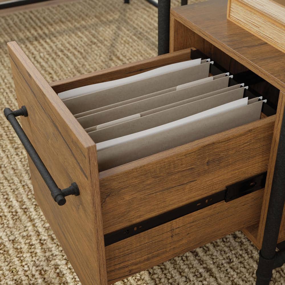 Brown Wood L-Shaped Computer Desk with Drawer and Filing Cabinet