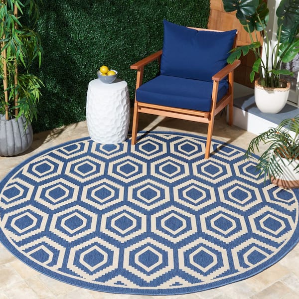 Courtyard Blue/Beige 8 ft. x 8 ft. Round Geometric Indoor/Outdoor Patio  Area Rug