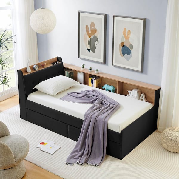 Olive Black Velvet Upholstery Twin Size Daybed with Storage Headboard, Wireless Charging, 2 Storage Drawers, LED Lights