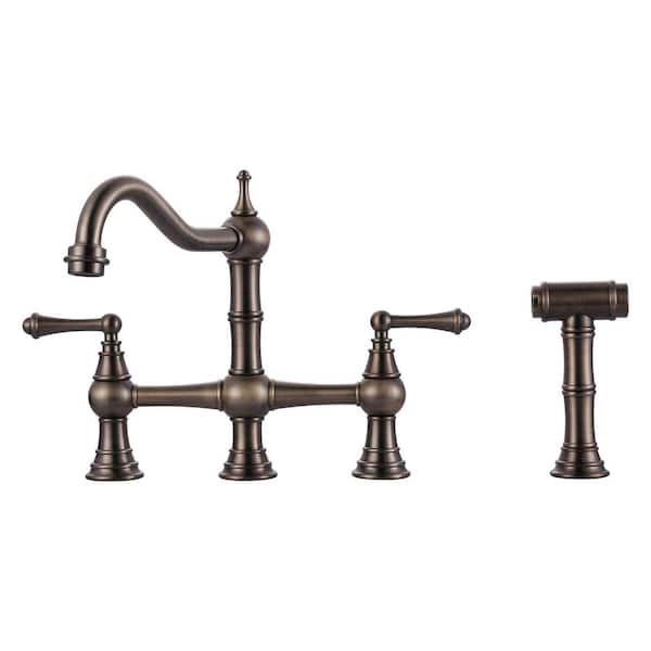 Vintage Double Handle Bridge Kitchen Faucet with Side Sprayer in Antique Bronze