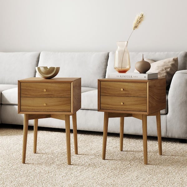 Nathan James Harper 16 in. Mid-Century Oak Wood Nightstand with 2-Drawers, Small Side or End Table with Storage, Brown, Set of 2