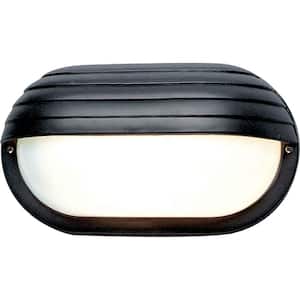 Black Hardwired Indoor or Outdoor Convertible Coach Light Ceiling Flush Mount/Wall Sconce with White Semi-Oval Lens