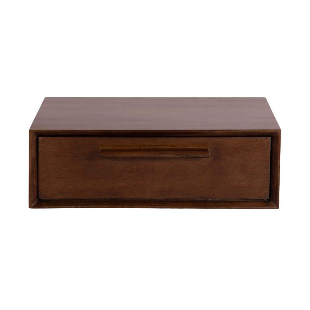 Dark Walnut Mango Wood Floating Wall Shelf with Drawer