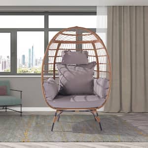 Wicker Outdoor Lounger Chair, Oversized Egg Chair for Patio, Backyard, Living Room with Light Grey Cushions, Steel Frame