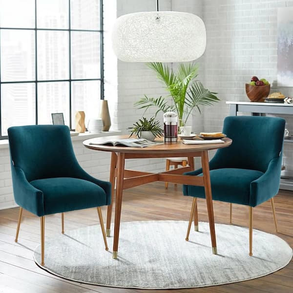 Extra Large Round Dining Table and Brass Chairs with Blue Velvet Seats -  Transitional - Dining Room