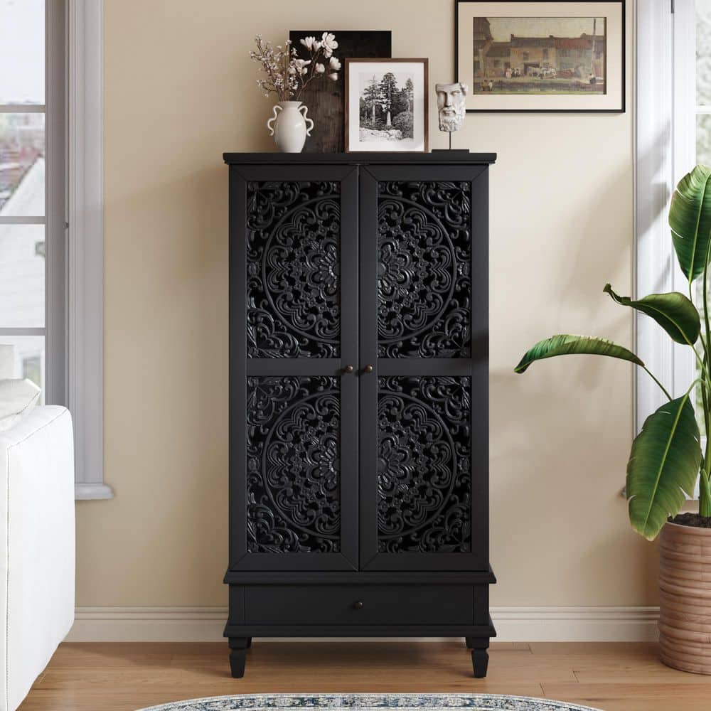 55 in. H Black Solid Wood & MDF Buffet /Accent Cabinet with Drawer 2-Door Carved Wood Storage