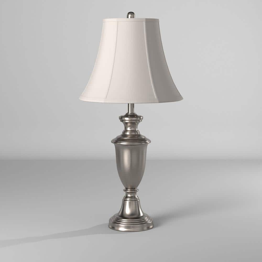 Brushed Steel Table Lamp Set with White Silk Shades
