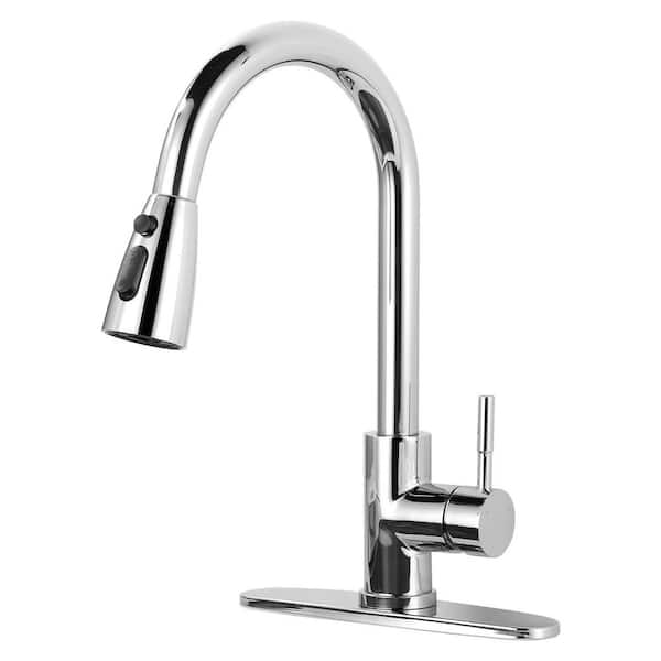 15.3 in. 3-Mode Single Handle Stainless Steel Pull Down Sprayer Kitchen Faucet with Deck Plate in Polished Chrome