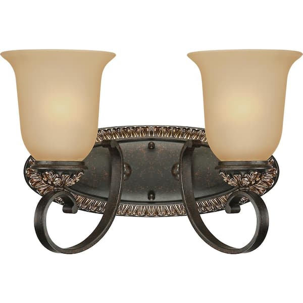 Volume Lighting Bristol 2-Light Indoor Vintage Bronze with Antique Gold Bath or Vanity Wall Mount with Sepia Glass Bell Shades