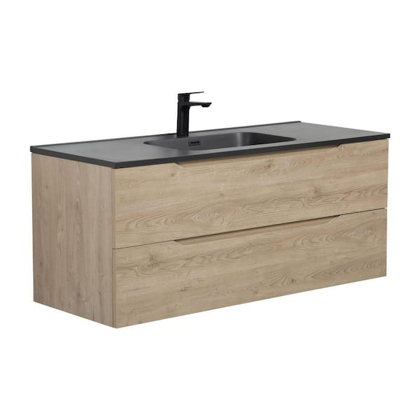 SD 47.25 in. W x 18.6 in. D Single Sink Floating Bath Vanity in Evita Oak Wood with Black Quartz Sand Composite Top
