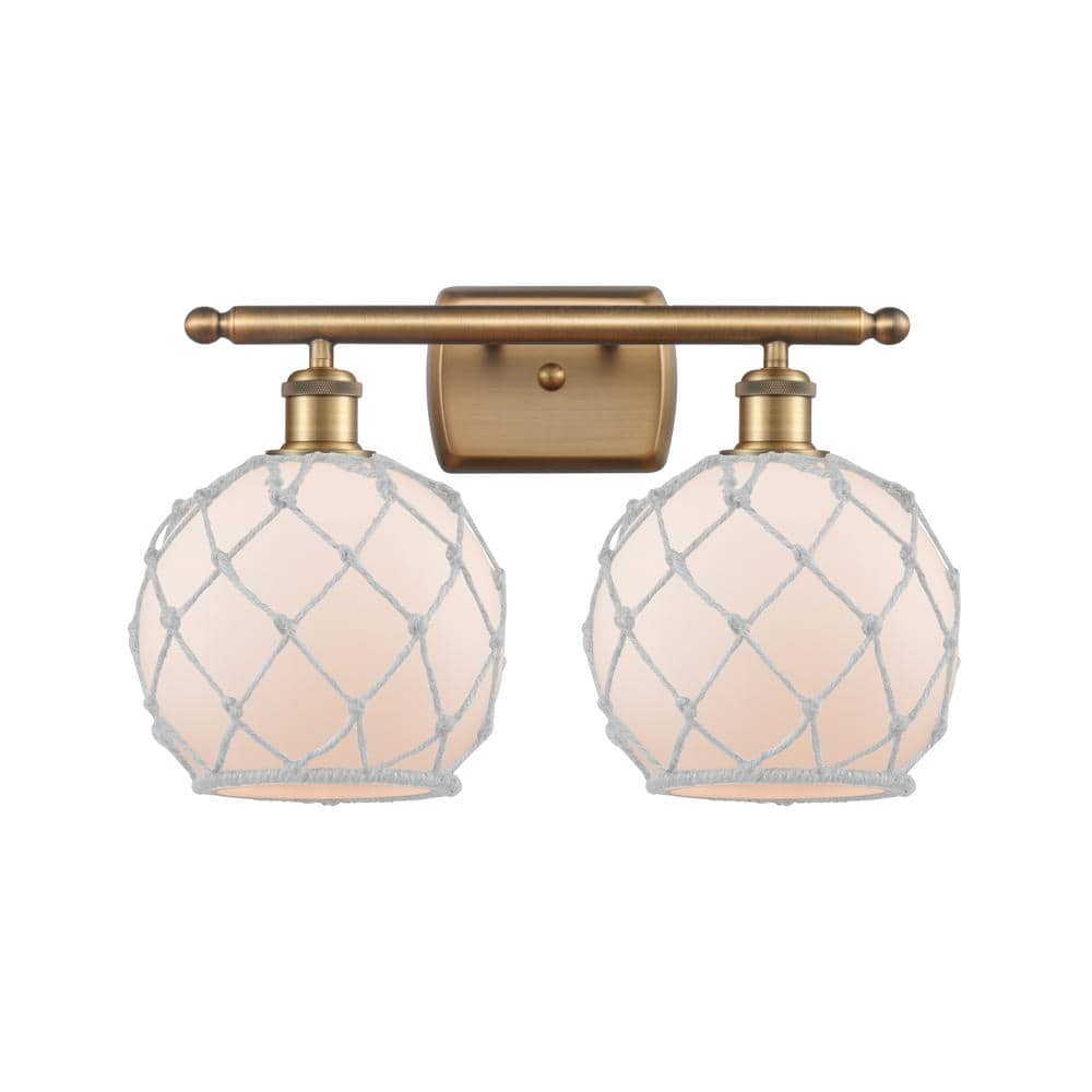 Innovations Farmhouse Rope 16 in. 2-Light Brushed Brass Vanity-Light with White Glass with White Rope Glass and Rope Shade