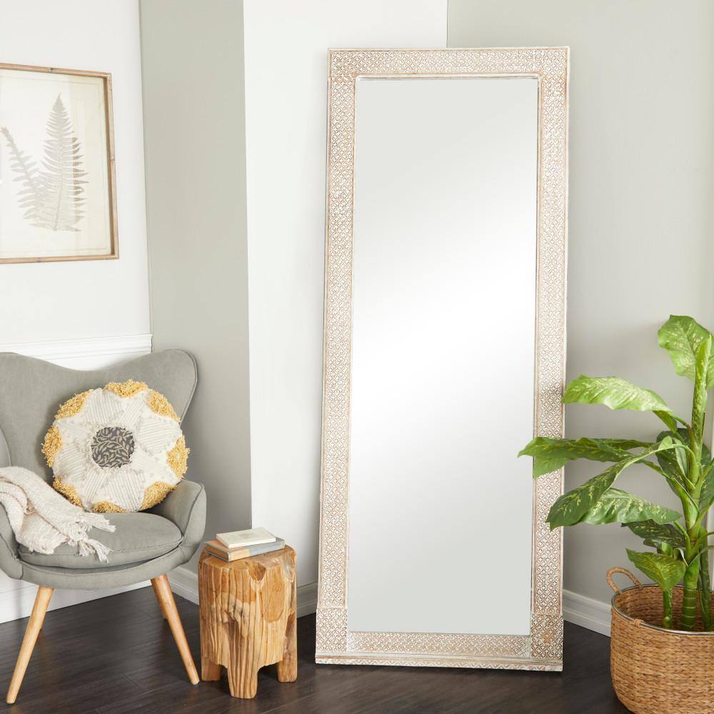 White Intricately Carved Wood Framed Full Length Mirror, 31" x 78"