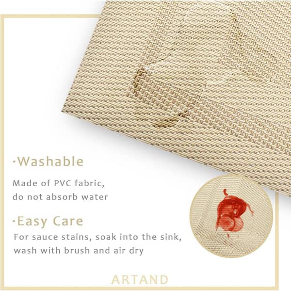 Set van 6 placemats en onderzetters, driehoekig, ovaal, leer, afwasbaar, waterdicht, oliebestendig, antislip, hittebestendig (beige, set van 6