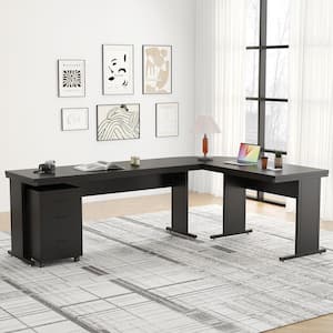 Lanita 83 in. L-Shaped Black Wood 3-Drawer Executive Desk, Large Computer Desk Mobile File Cabinet for Home Office