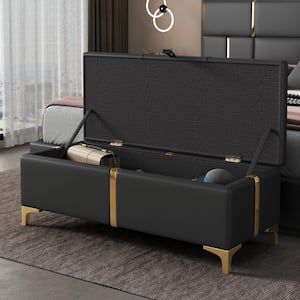 Black 47.2 in. W PU Upholstered Bedroom Bench, Entryway Storage Bench with Metal Legs