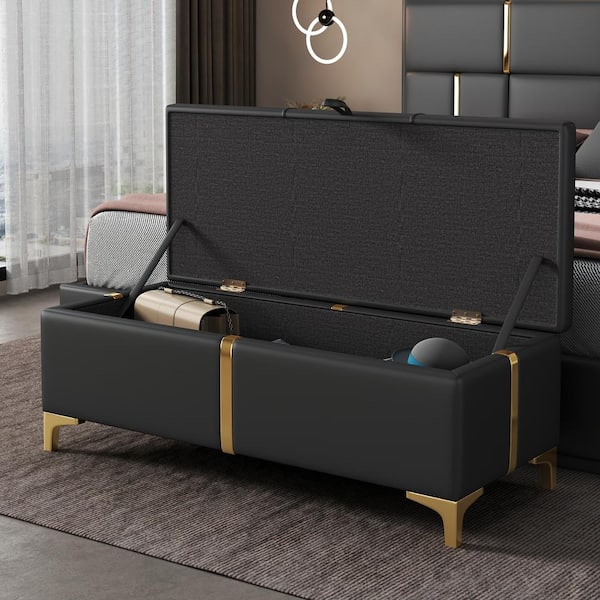 Harper & Bright Designs Black 47.2 in. W PU Upholstered Bedroom Bench, Entryway Storage Bench with Metal Legs