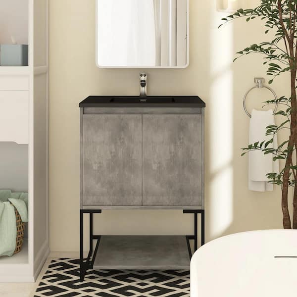 Boosicavelly 24 In. W X 19 In. D X 34 In. H Single Sink Freestanding Bath Vanity in Light Gray With Black Resin Top