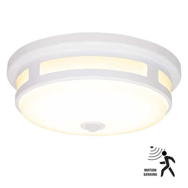 Hampton Bay 11 in. Round White Exterior Outdoor Motion Sensing LED Ceiling Light 5 Color Temperature Options Wet Rated 830 Lumens