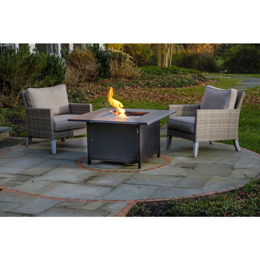 Heron 42" Square Black Gas Fire Pit Table with Clear Glass Beads