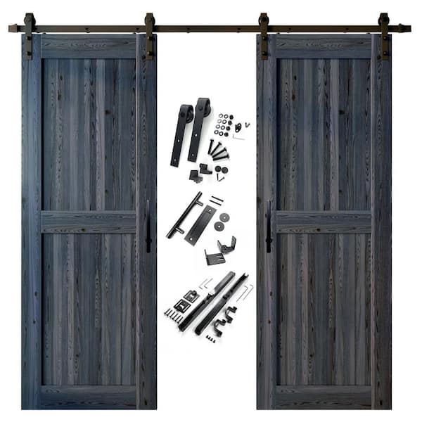 HOMACER 24 in. x 96 in. H-Frame Navy Double Pine Wood Interior Sliding Barn Door with Hardware Kit, Non-Bypass