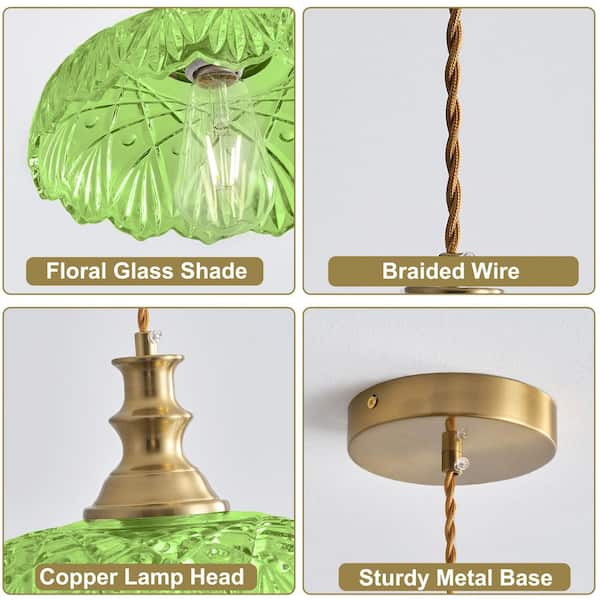 Jasslynn 40-Watt 1 Light Green Modern Kitchen Pendant Light with Dome Flower Glass Shade for Bedroom, Living Room