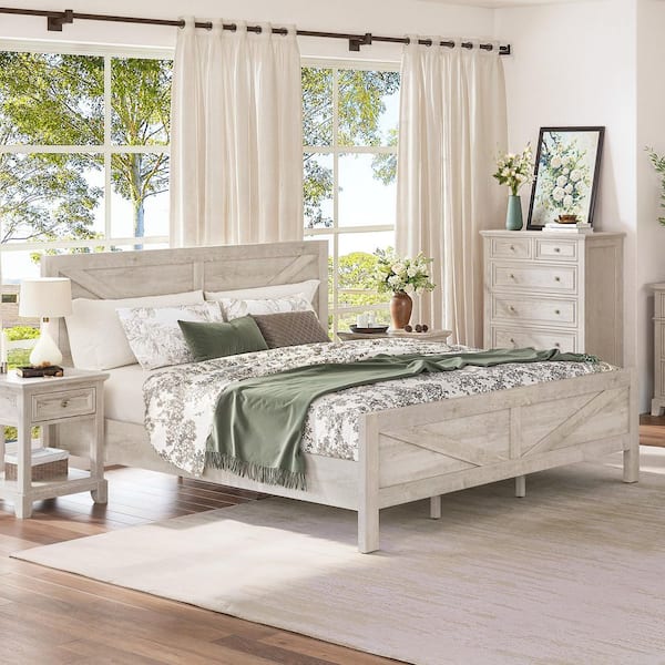 Vess Rustic White Engineered Wood Frame King Size Platform Bed with Headboard, Footboard, and Under Bed Storage