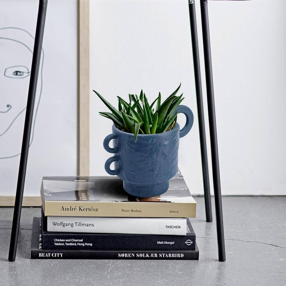 Modern Blue Stoneware Planter with Handles 9.5"