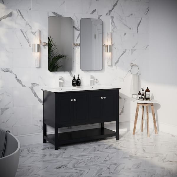 Manchester 48 in. Double Sink Shaker-Style Black Bath Vanity with White Quartz Top and Integrated Sink