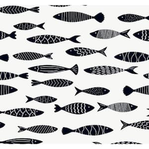 Black and White Bay Fish Nonwoven Paper Unpasted Wallpaper Roll 60.75 sq. ft.