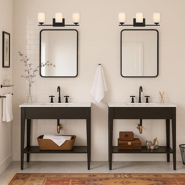 Modern Farmhouse 23 in. 3-Light Oil Rubbed Bronze Bath Vanity Light with White Frosted Glass Wall Light, LED Compatible