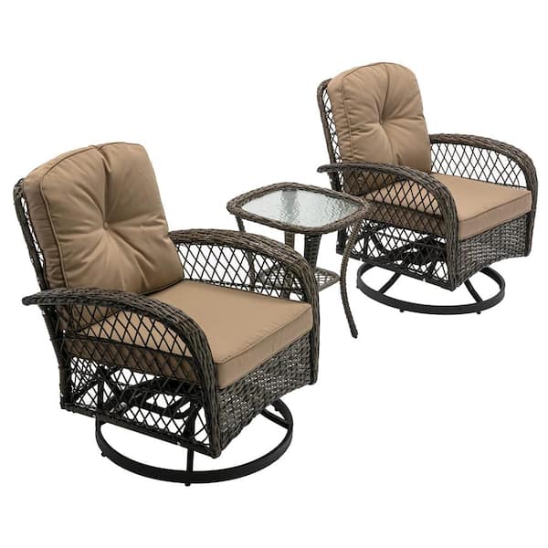 Alpulon 3-Piece Brown Wicker Patio Conversation Set Outdoor Rocking Chair with Khaki Cushions