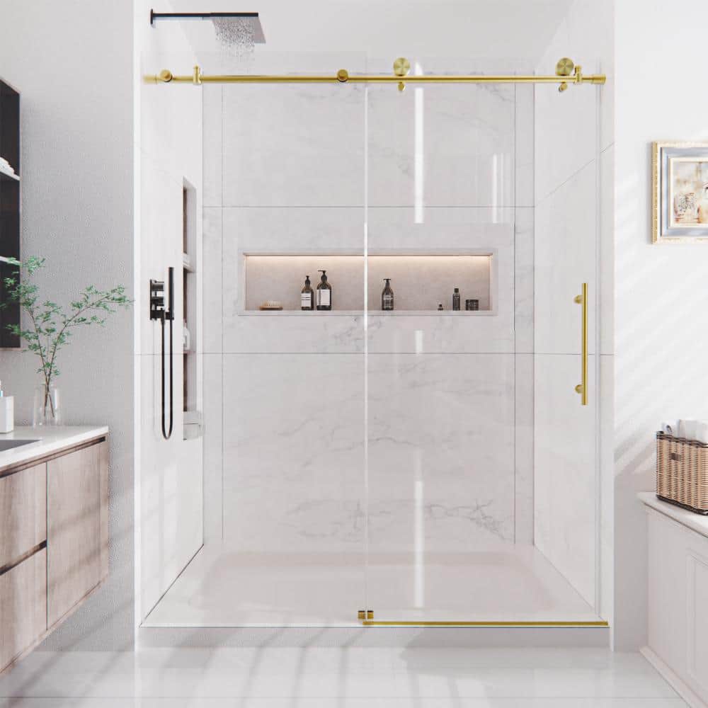 "56"" to 60"" W x 74"" H Frameless Single Sliding Shower Door in Brushed Gold with Clear Glass" price history on PriceWatchPro
