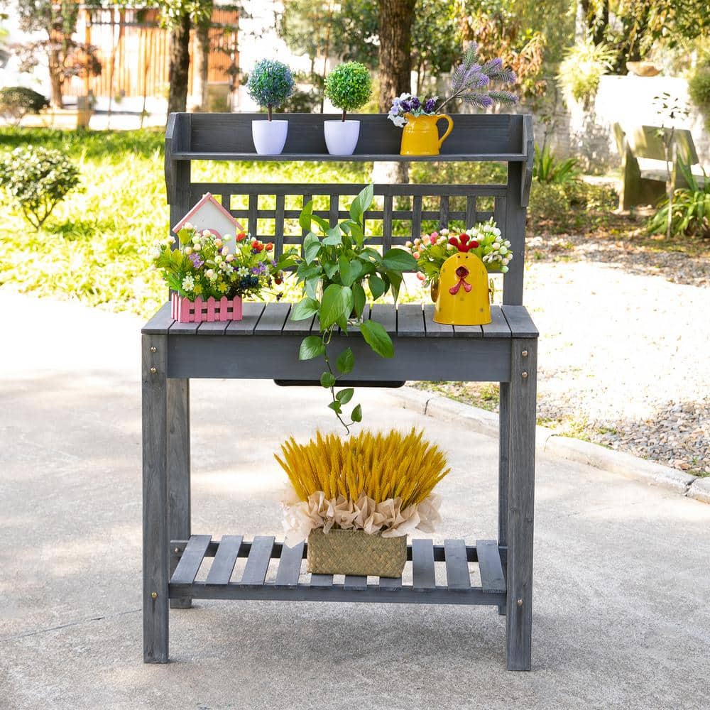 Gray Wooden Garden Potting Bench with Sliding Tabletop and Storage
