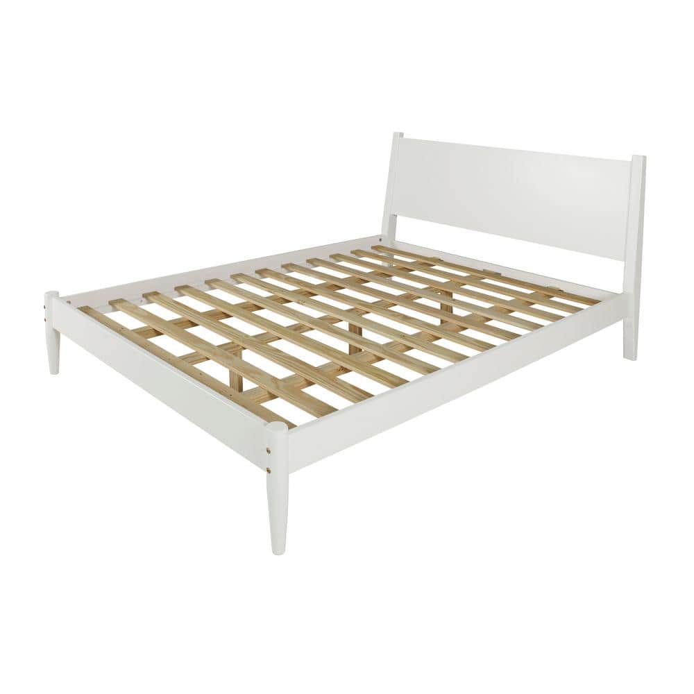 Elegant Pine Wood Queen Bed with Sleek Mid-Century Design in White