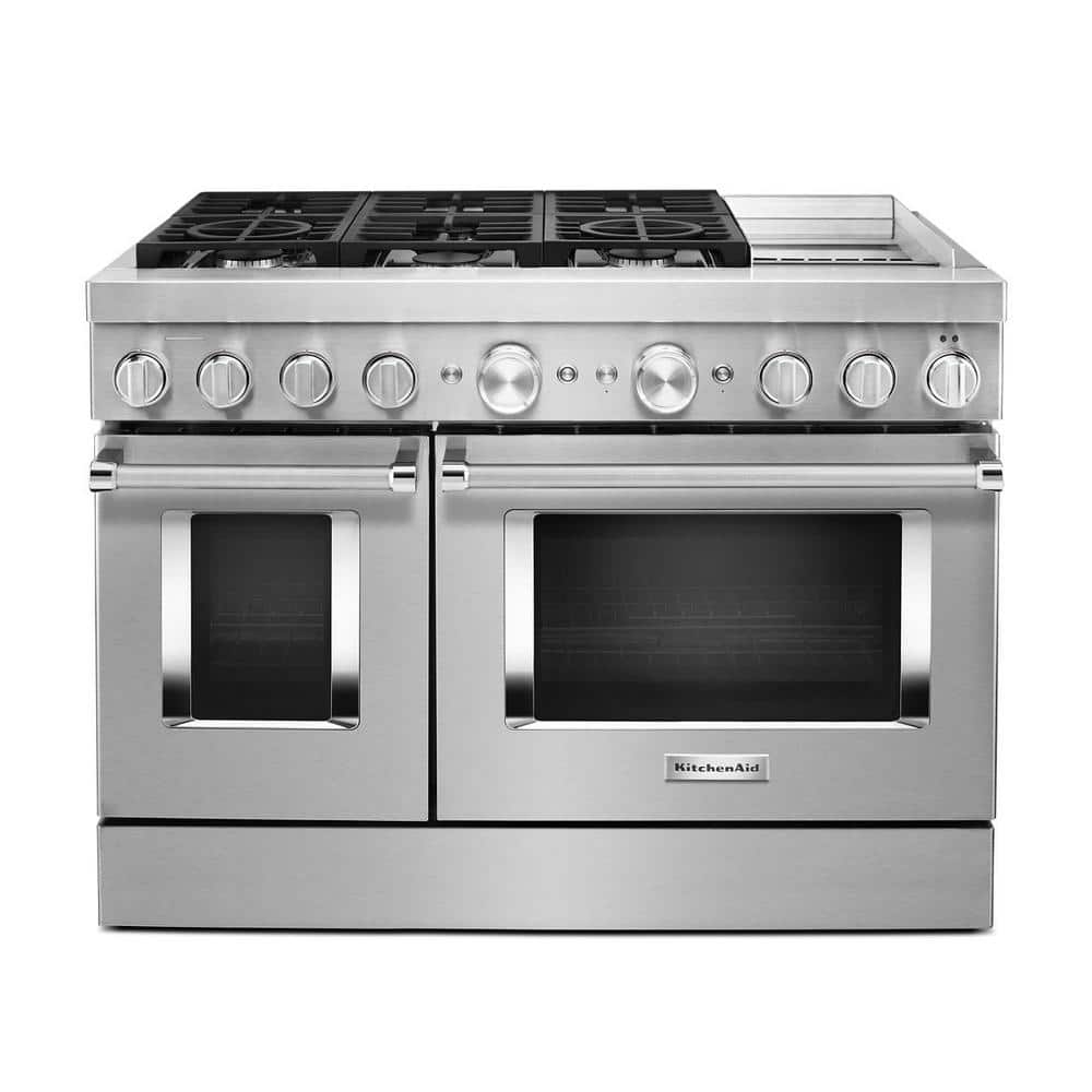 KitchenAid 48 in. 6.3 cu. ft. Smart Oven Dual Fuel Range with Convection in Stainless Steel with Griddle KFDC558JSS - The Home