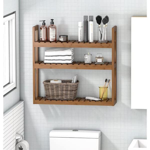 Dracelo 14 in. W x 6.7 in. D x 13 in. H 2-Tier Brown Wood Bathroom Countertop Storage Shelf