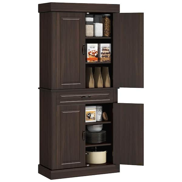 71 in. Wood Pantry Organizer with 4 Doors, and 2 Large Cabinets, Wide Drawer in Coffee